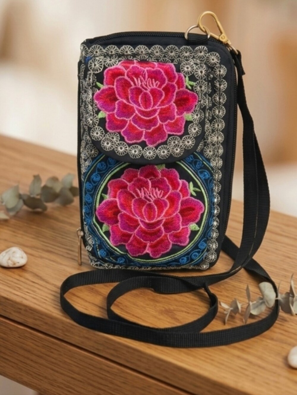 Embroidered Floral Crossbody Wallet Phone Purse Boho Festival